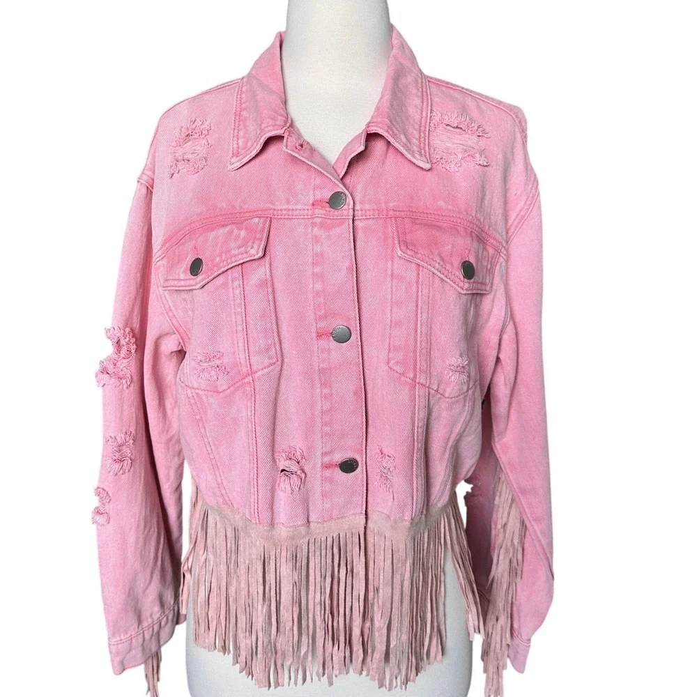 Cropped Pink Distressed Fringe Denim Jean Jacket L Western Cowgirl Festival
